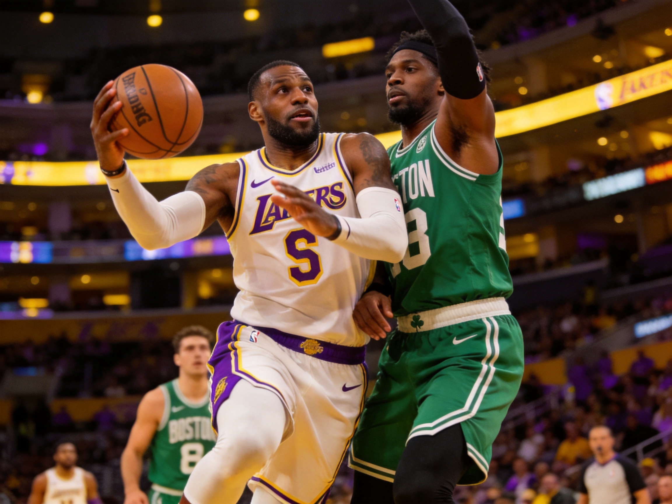 NBA季后赛 湖人队球员突破上篮 激烈对抗